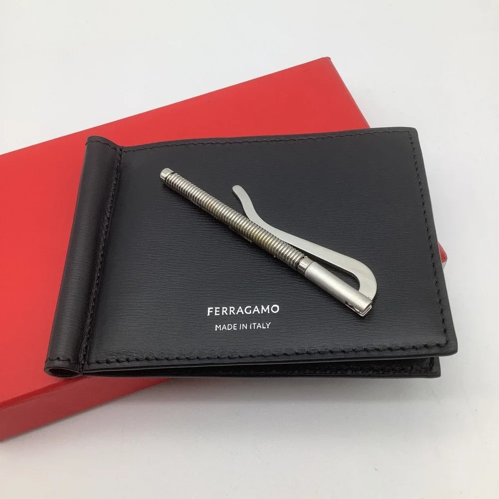 Salvatore Ferragamo Mens Nero Calf Leather Bifold Money Clip Wallet New